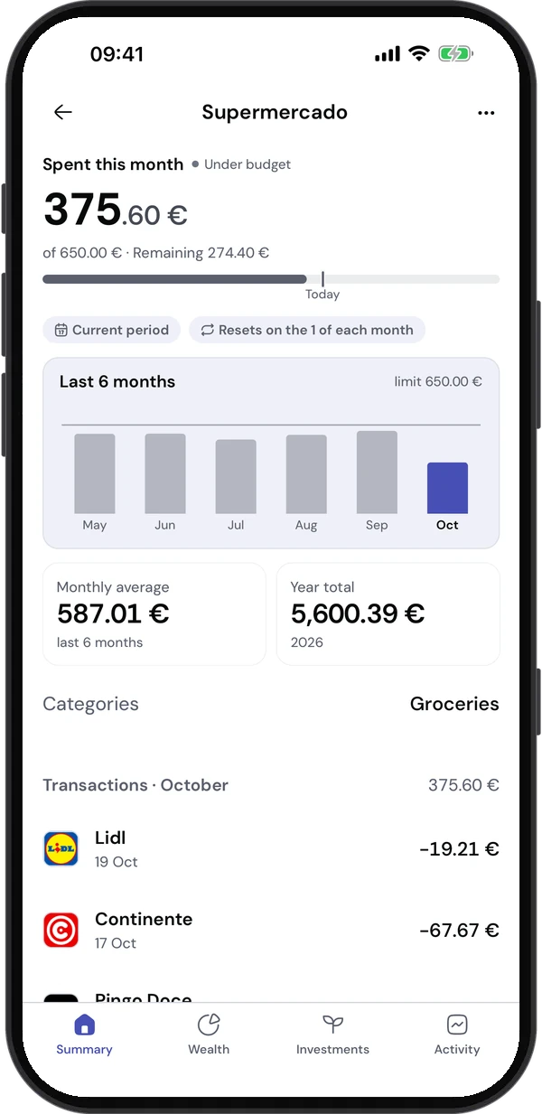 A budget in the app: spent this month, limit and recent months