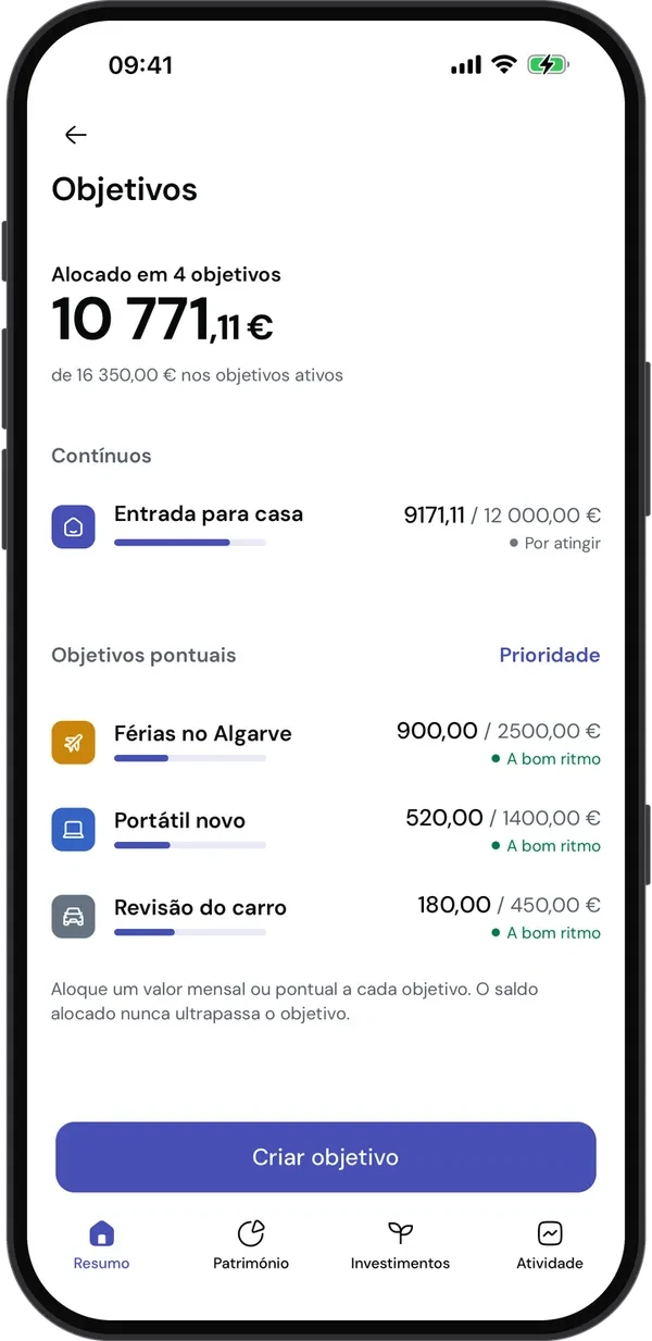 Os objetivos na aplicação: quanto está alocado a cada um