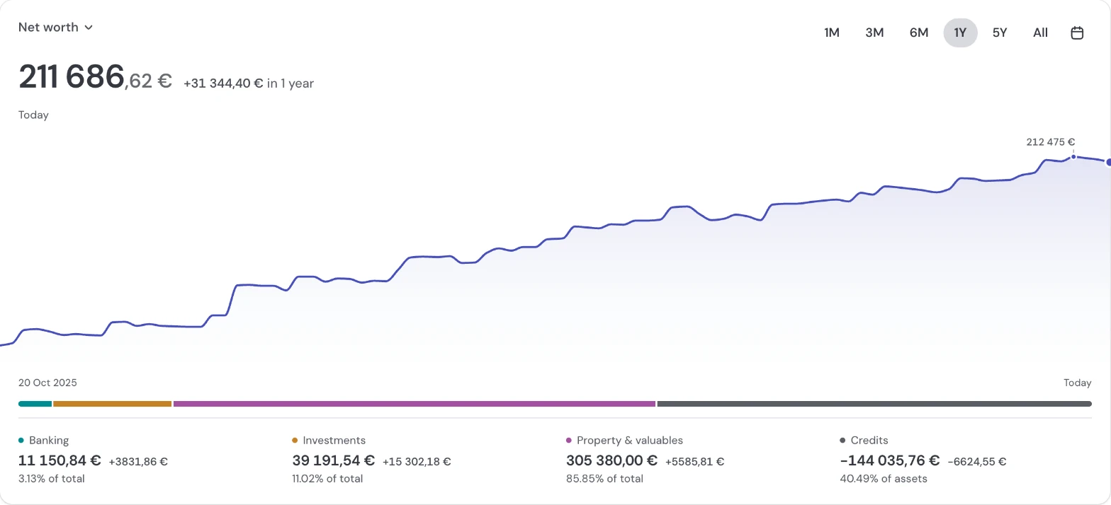 Net worth in guito: accounts, investments, assets and loans, with its evolution